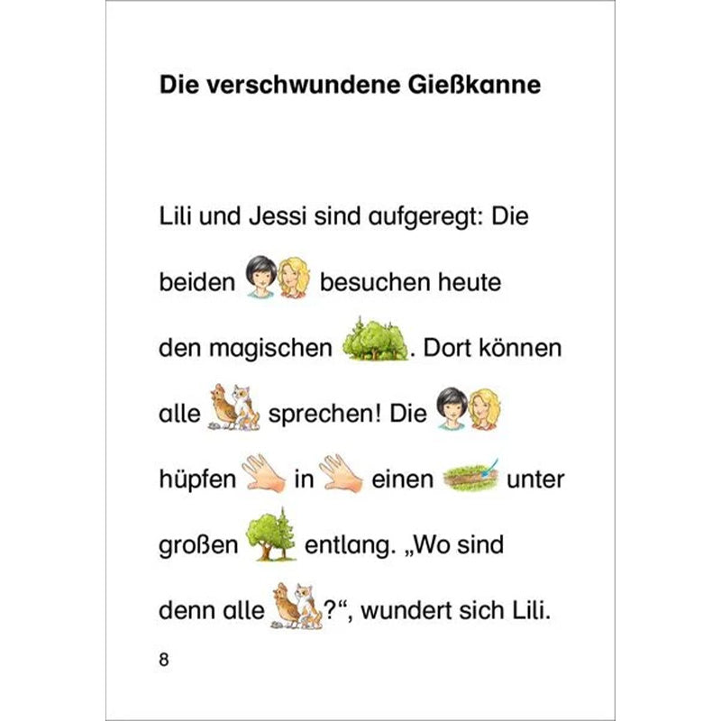 Buchseite mit Text und Bildsymbolen zur Geschichte „Die verschwundene Gießkanne“.