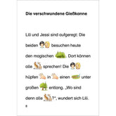 Buchseite mit Text und Bildsymbolen zur Geschichte „Die verschwundene Gießkanne“.