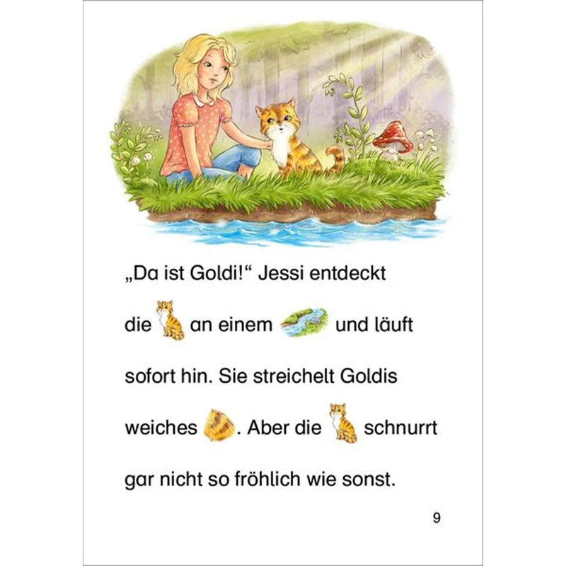 Buchseite mit Illustration von Mädchen und Katze am Flussufer und Text mit Bildsymbolen.