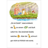 Buchseite mit Illustration von Mädchen und Katze am Flussufer und Text mit Bildsymbolen.