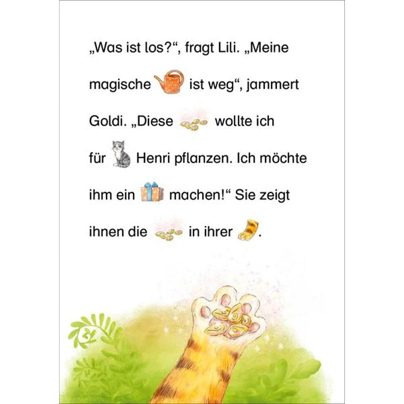 Buchseite mit Text und Bildsymbolen, Katze zeigt Samen in ihrer Pfote.