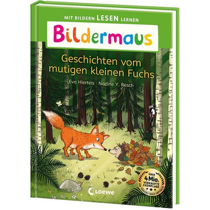 Buchcover „Geschichten vom mutigen kleinen Fuchs“ – Ein Fuchs steht im Wald einem Igel gegenüber, Hintergrund Bäume.