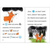 Buchseite Innenseite – Fenno wird im Regen nass und steht ängstlich im Gewitter im Wald.