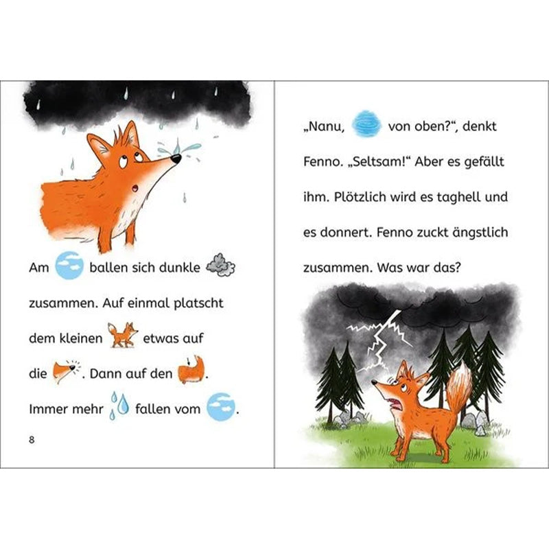 Buchseite Innenseite – Fenno wird im Regen nass und steht ängstlich im Gewitter im Wald.