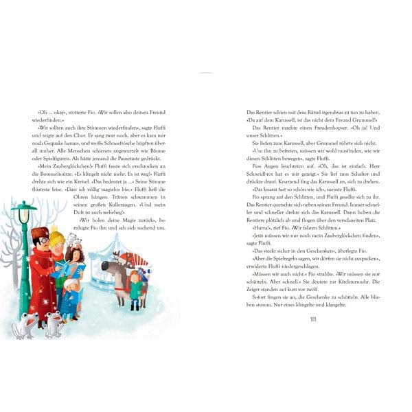 Innenseite mit Text und Illustration mit Menschen beim winterlichen Karussell. Buch &quot;Buntes Laub und Plätzchenduft&quot;