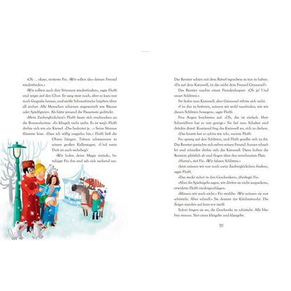 Innenseite mit Text und Illustration mit Menschen beim winterlichen Karussell. Buch &quot;Buntes Laub und Plätzchenduft&quot;