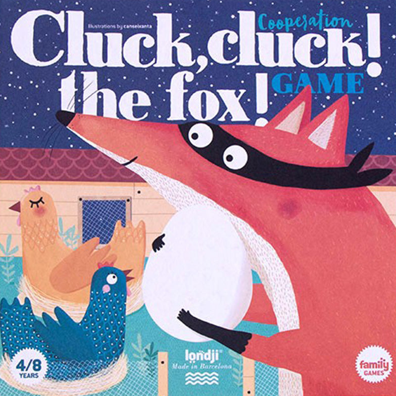 Verpackung des Kinderspiels „Cluck, cluck! the fox!“ mit einer Illustration eines Fuchses, der ein Ei hält, und Hühnern im Hintergrund.