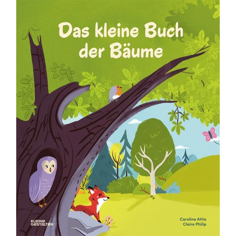 Buchcover „Das kleine Buch der Bäume“ – farbenfroher Wald mit Eule, Fuchs und Rotkehlchen.