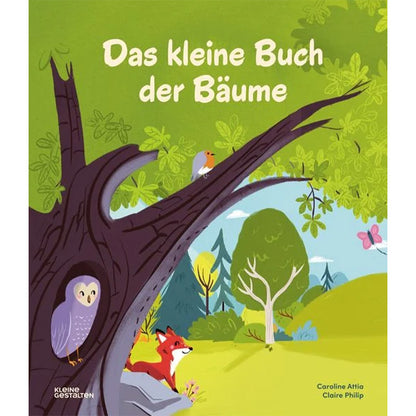 Buchcover „Das kleine Buch der Bäume“ – farbenfroher Wald mit Eule, Fuchs und Rotkehlchen.