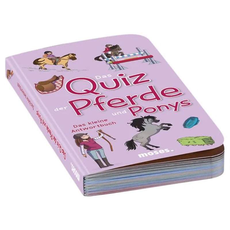 Lila Buch mit dem Titel „Das Quiz der Pferde und Ponys – Das kleine Antwortbuch“ von Moses, illustriert mit Reitmotiven.