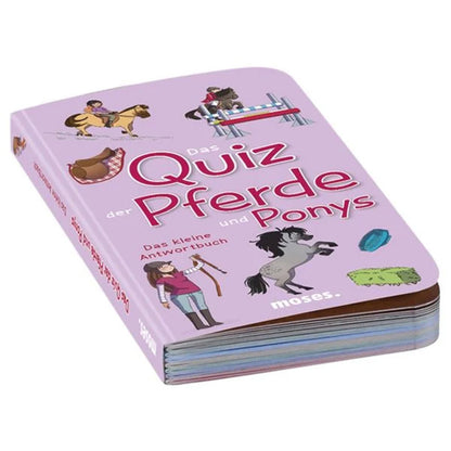 Lila Buch mit dem Titel „Das Quiz der Pferde und Ponys – Das kleine Antwortbuch“ von Moses, illustriert mit Reitmotiven.
