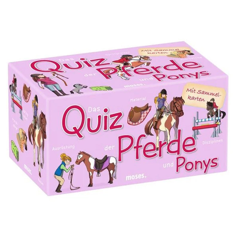 Rosa Quizbox „Das Quiz der Pferde und Ponys“ von Moses mit Illustrationen von Pferden, Reiterinnen und Ausrüstung.