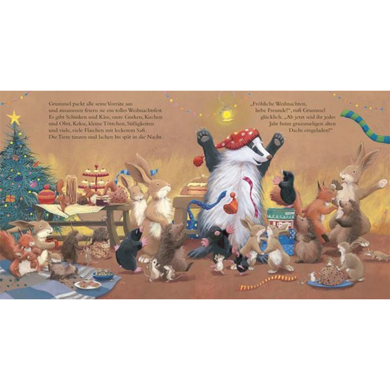 Innenillustration zeigt festlich geschmückten Raum im Wald, viele Tiere wie Dachs, Hasen, Igel und Eichhörnchen feiern ein Weihnachtsfest mit Kuchen und Geschenken.