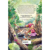 Buchrückseite von „Der kleine Flohling – Abenteuer im Littelwald“ mit Textbeschreibung und Illustration eines Waldmädchens, das durch den Wald läuft, umgeben von Pflanzen und Tieren.