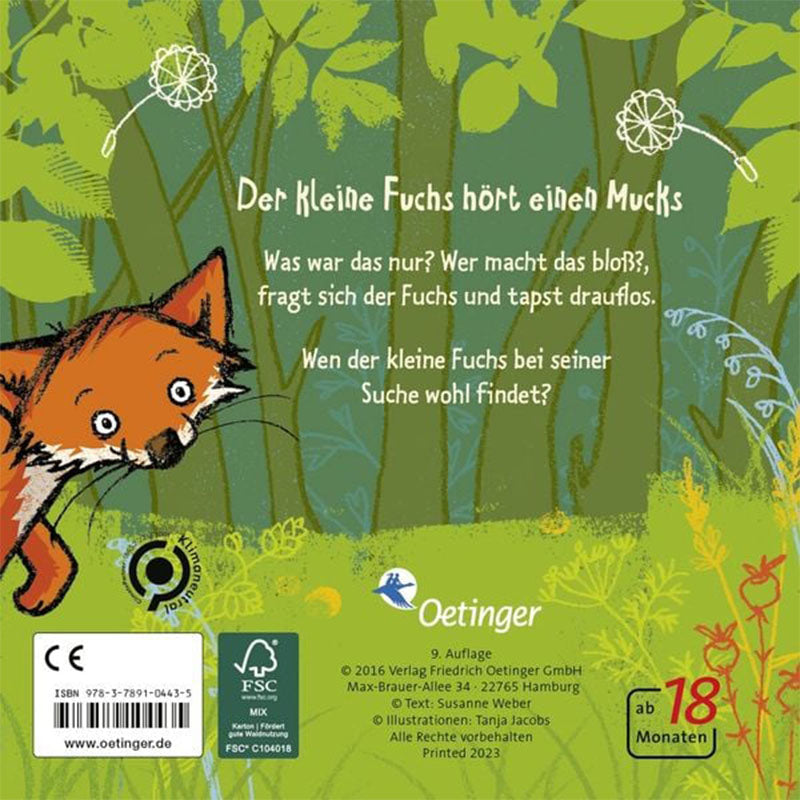 Rückseite eines Kinderbuchs mit Text und Illustration eines neugierigen Fuchses im Wald.