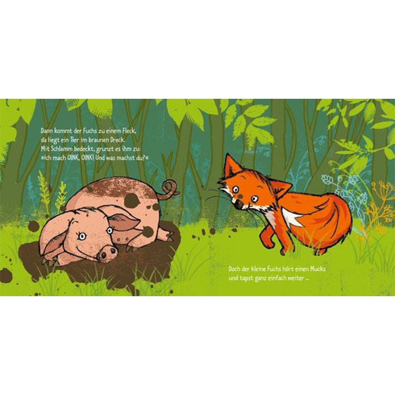 Illustration im Buch: Kleiner Fuchs begegnet einem schlammigen Schwein im Wald.