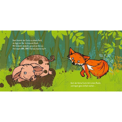 Illustration im Buch: Kleiner Fuchs begegnet einem schlammigen Schwein im Wald.