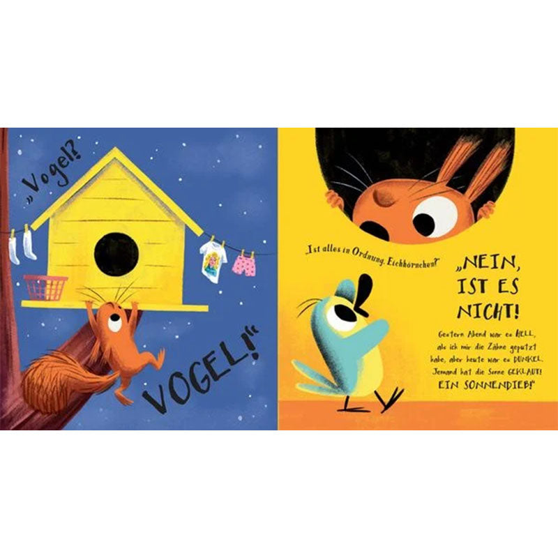 Buchseite – Eichhörnchen schreit „Vogel?“ vor einem Vogelhaus, daneben spricht der Vogel mit ihm.