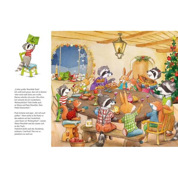 Inhaltsseite aus dem Buch der Überraschende Weihnachtsbrief mit süßen Waschbär Illustrationen