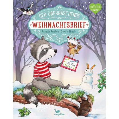 Titelseite des Buches der Überraschende Weihnachtsbrief mit Waschbär und Vögelchen in Winterlandschaft
