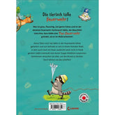 Buchrückseite „Die Tier-Feuerwehr“, Waschbär mit Feuerwehrschlauch und Klappentext.