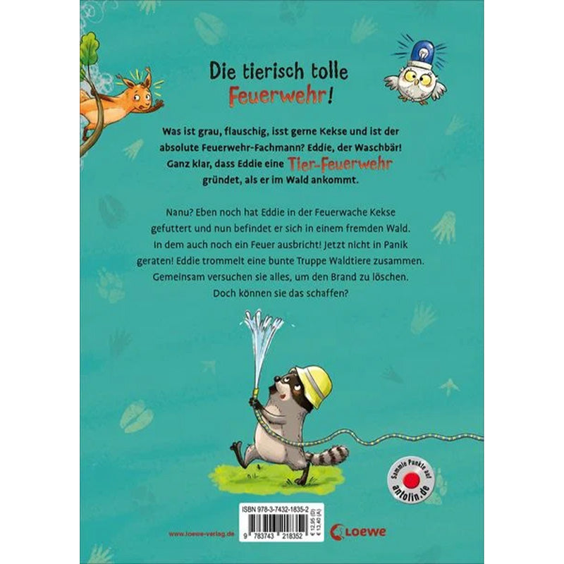 Buchrückseite „Die Tier-Feuerwehr“, Waschbär mit Feuerwehrschlauch und Klappentext.