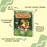 Buchseite Innenseite, Cover mit Pfeilen und Text über Lesespaß und Buchinfos.