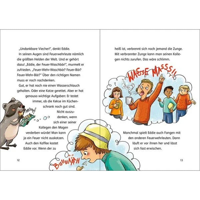 Buchseite Innenseite, Waschbär trinkt, Feuerwehrleute probieren heißen Kaffee.