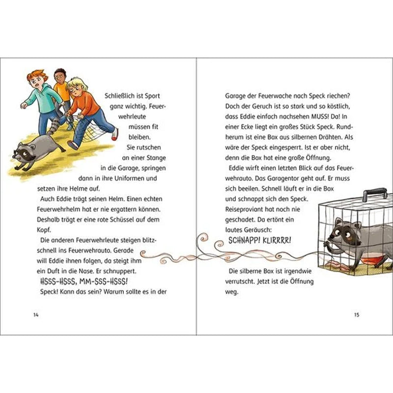 Buchseite Innenseite, Feuerwehrleute ziehen Waschbär mit, Waschbär schnappt nach Speck und gerät in Käfig.