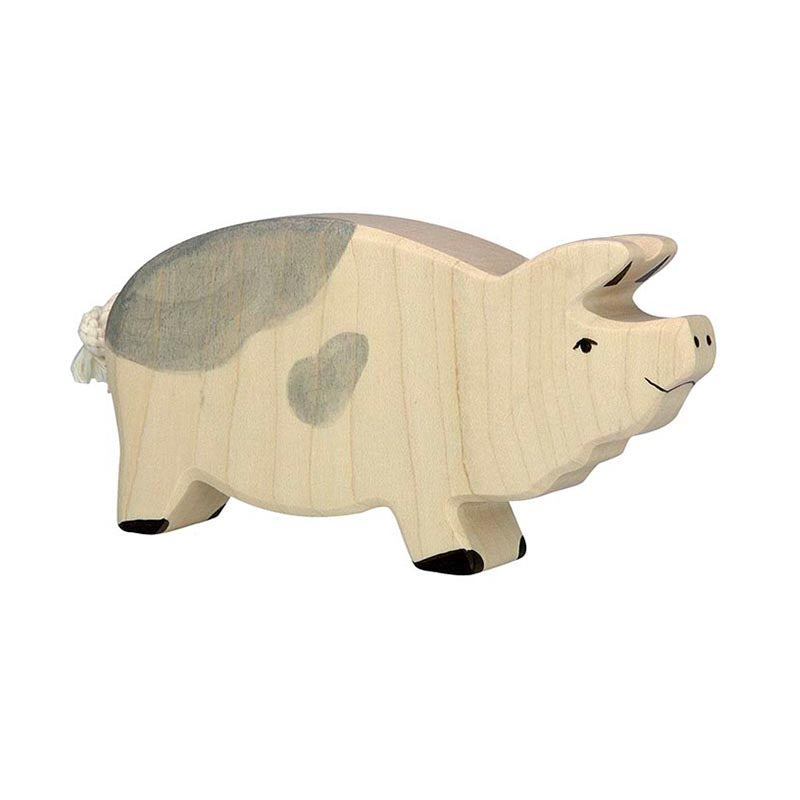 gefleckte Eber Holzfigur von Holztiger in naturweiß mit grauen Flecken