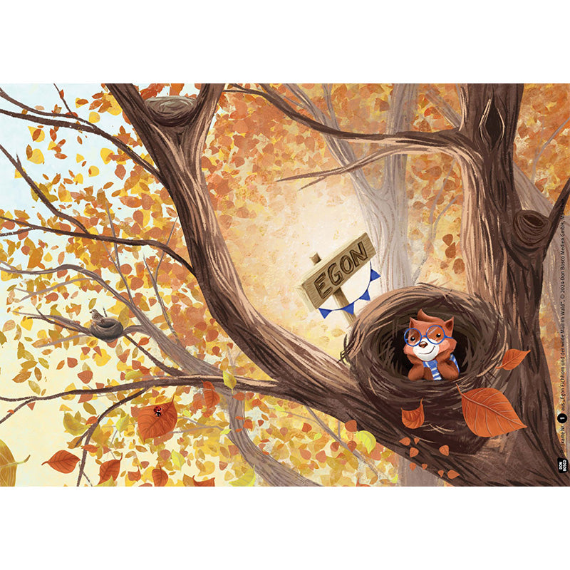 Illustration – Egon Eichhorn sitzt zufrieden in seinem Nest im Baum, Herbstlaub und Schild mit seinem Namen.