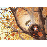 Illustration – Egon Eichhorn sitzt zufrieden in seinem Nest im Baum, Herbstlaub und Schild mit seinem Namen.