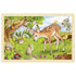 Holzpuzzle mit einer Waldszene, auf der ein junges Reh einem Hasen gegenübersteht. Im Hintergrund sind ein Eichhörnchen, ein Igel, eine Maus, Vögel und bunte Blumen zu sehen.