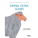 Buchcover „Einmal extra Schaf!“ – illustriertes Schaf mit grauem Fell auf weißem Hintergrund.