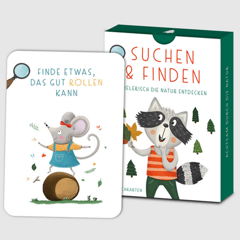Kartenbox Suchen und Finden mit Beispielkarte vor grünem Hintergrund, Illustration einer Maus auf einem rollenden Holzstück und handgezeichnetem Naturstil