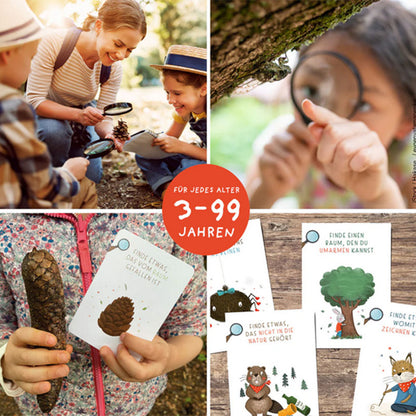 Collage aus Naturspiel-Szenen mit Kindern beim Entdecken, Lupen, Zapfen, Suchkarten und Illustrationen, Hinweis auf Einsatz für alle Altersgruppen von Kindern und Erwachsenen