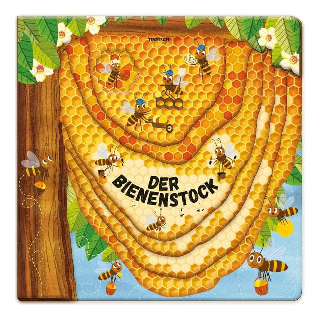Buchcover – Kinderbuch „Der Bienenstock“ mit großem Honigwaben-Bienenstock und vielen Bienen.