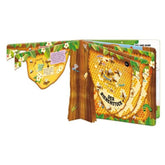 Buchseite – Aufgeklappte Innenseiten von „Der Bienenstock“ mit Waben, Baumstamm und vielen Bienen.