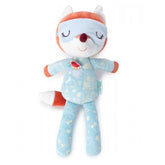 Kuscheltier-Fuchs mit hellblauem Schlafanzug und Schlafmaske, stehende Pose.