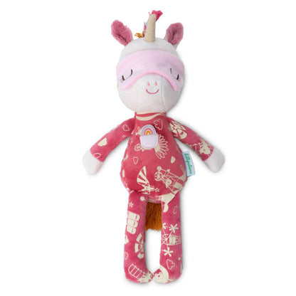 Plüsch-Einhorn mit rosa Schlafmaske und langen Beinen, frontal aufgenommen.
