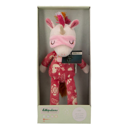 Plüsch-Einhorn mit Schlafmaske in Geschenkverpackung, frontal sichtbar.