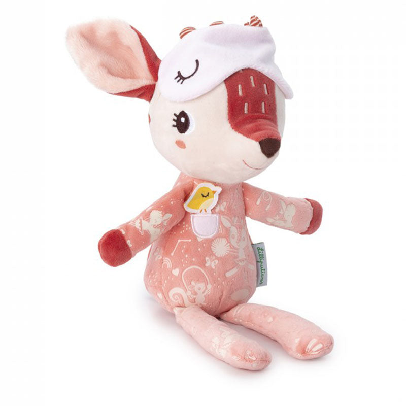 Rosa Plüschreh mit Schlafmaske und langen Beinen, sitzend dargestellt.