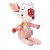 Rosa Plüschreh mit Schlafmaske und langen Beinen, sitzend dargestellt.