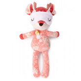 Rosa Plüschreh mit Schlafmaske, ausgestreckten Armen und langen Beinen.