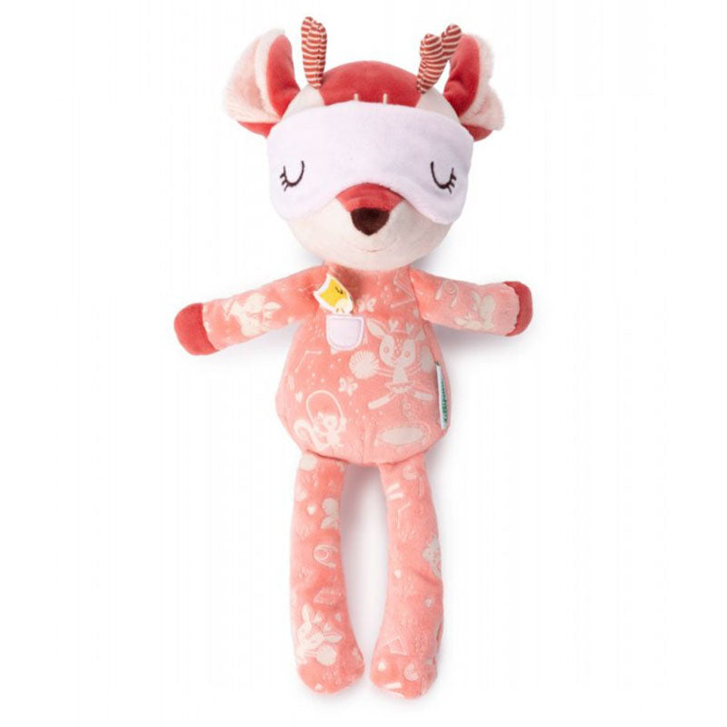 Rosa Plüschreh mit Schlafmaske, ausgestreckten Armen und langen Beinen.