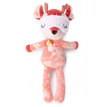 Rosa Plüschreh mit Schlafmaske, ausgestreckten Armen und langen Beinen.