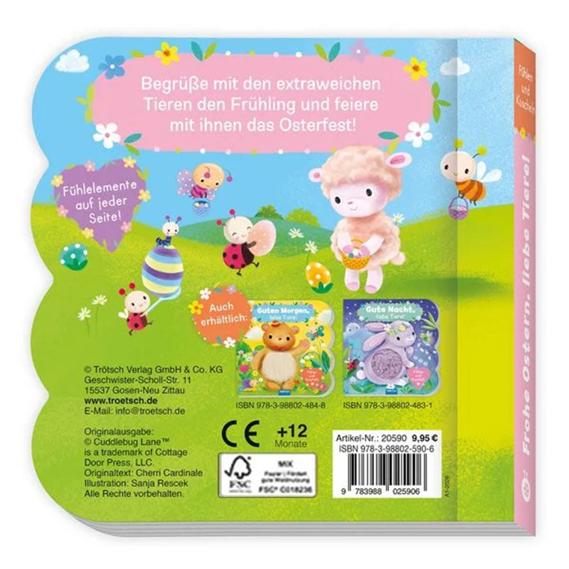 Buchrückseite des Fühlbuchs Frohe Ostern, liebe Tiere mit Textinfos, kleinen Tierillustrationen, Ostereiern, grüner Wiesenlandschaft und Verlagsangaben