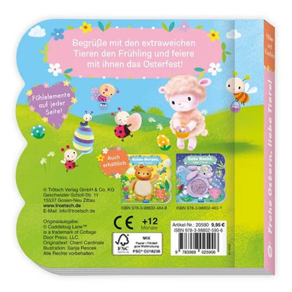 Buchrückseite des Fühlbuchs Frohe Ostern, liebe Tiere mit Textinfos, kleinen Tierillustrationen, Ostereiern, grüner Wiesenlandschaft und Verlagsangaben