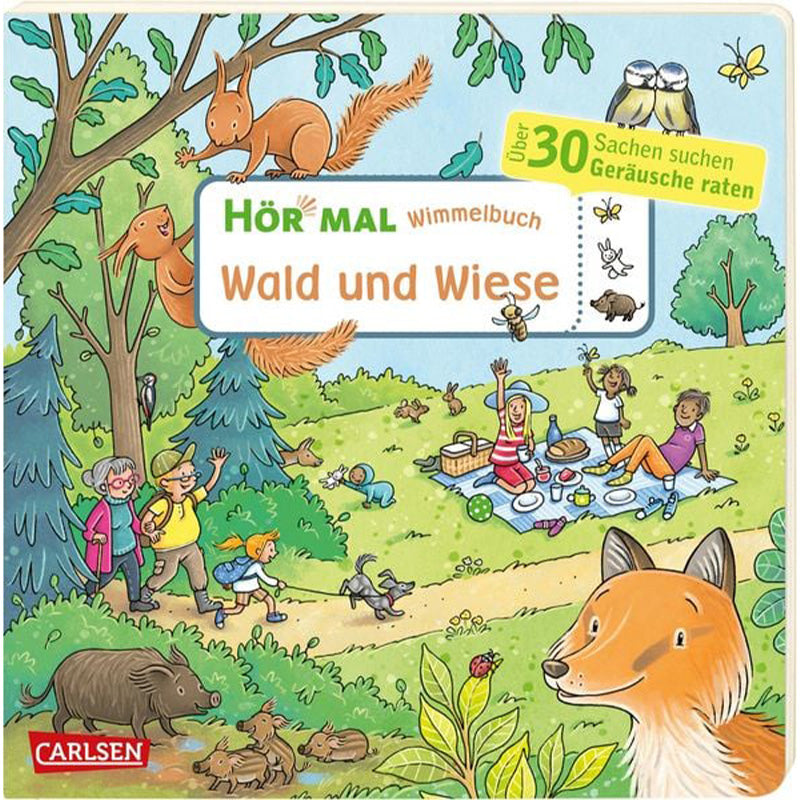 Buchcover &quot;Hör mal Wimmelbuch – Wald und Wiese&quot; mit Fuchs, Wildschweinen und Picknickszene im Wald.