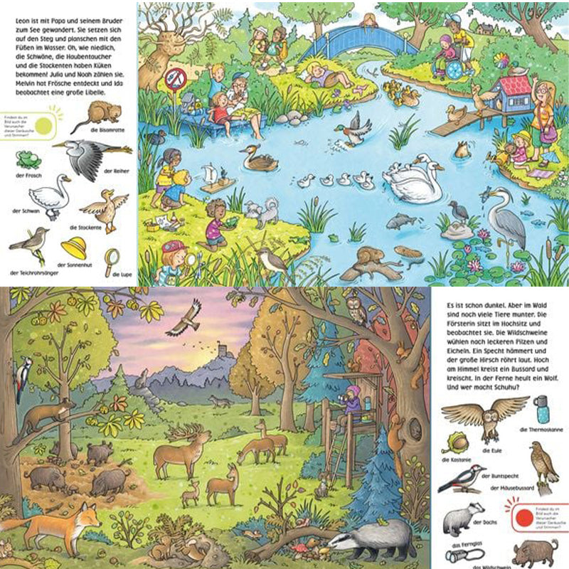Buchseite Waldszene bei Abenddämmerung mit Rehen, Fuchs und Baumhaus. Buchseite mit See und vielen Tieren, Kinder beobachten Frösche, Enten und Schwäne.